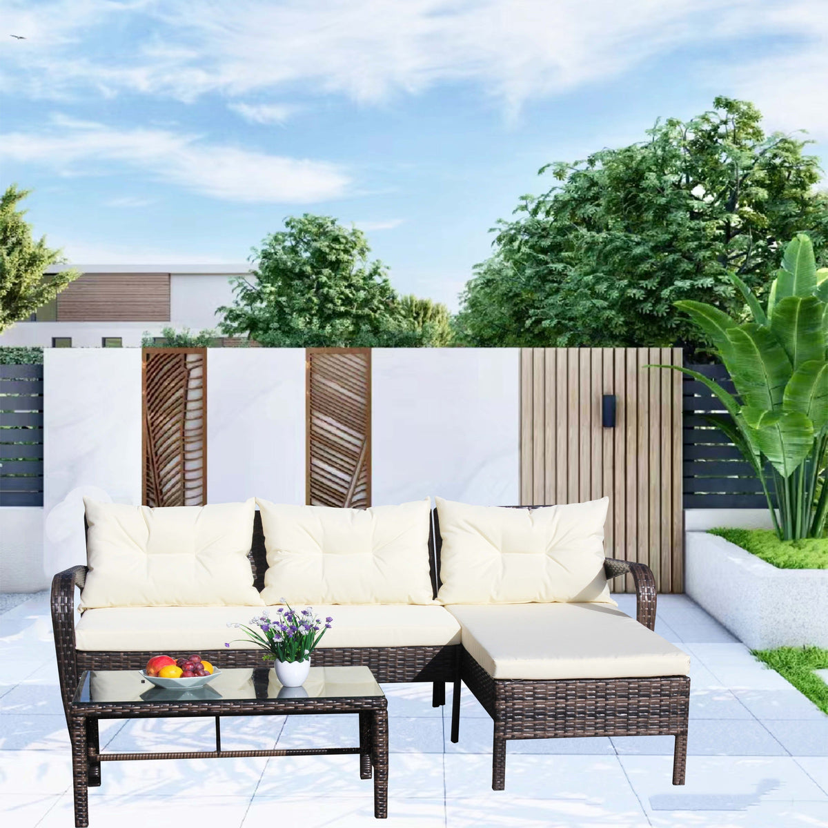 Outdoor Patio Furniture 3-Piece Conversation Set (Beige Cushion)