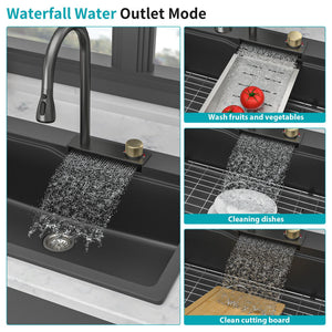 Waterfall Kitchen Sink With Pull Out Faucet & Cup Washer