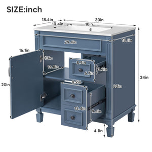 Bathroom Vanity with Ceramic Sink and Storage - White or Blue