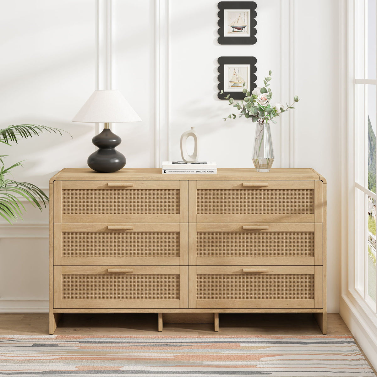 Modern Arc Shaped Corner Rattan Cabinet With 6 Drawers