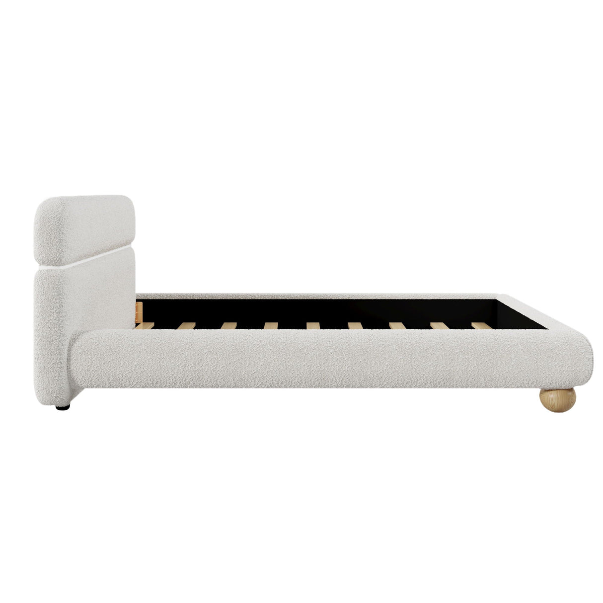 Queen Size Contemporary Low Profile Upholstered Bed With Teddy Fleece Boucle Fabric And Solid Round Legs - White
