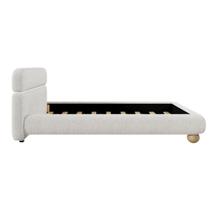 Queen Size Contemporary Low Profile Upholstered Bed With Teddy Fleece Boucle Fabric And Solid Round Legs - White