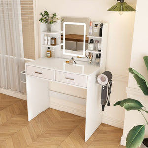 Elegant LED Mirror Vanity Dressing Table With Adjustable Lights, Drawers & Storage - White