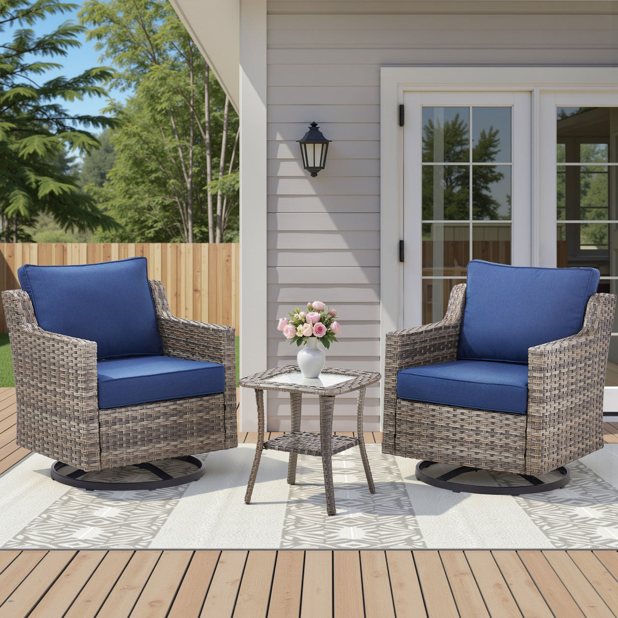 Swivel Outdoor Chairs Set of 2, with Glass-Top Side Table, 3 Pieces