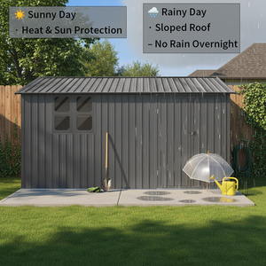 12x10 Ft Metal Garden Shed with Apex Roof and Shelving - Grey