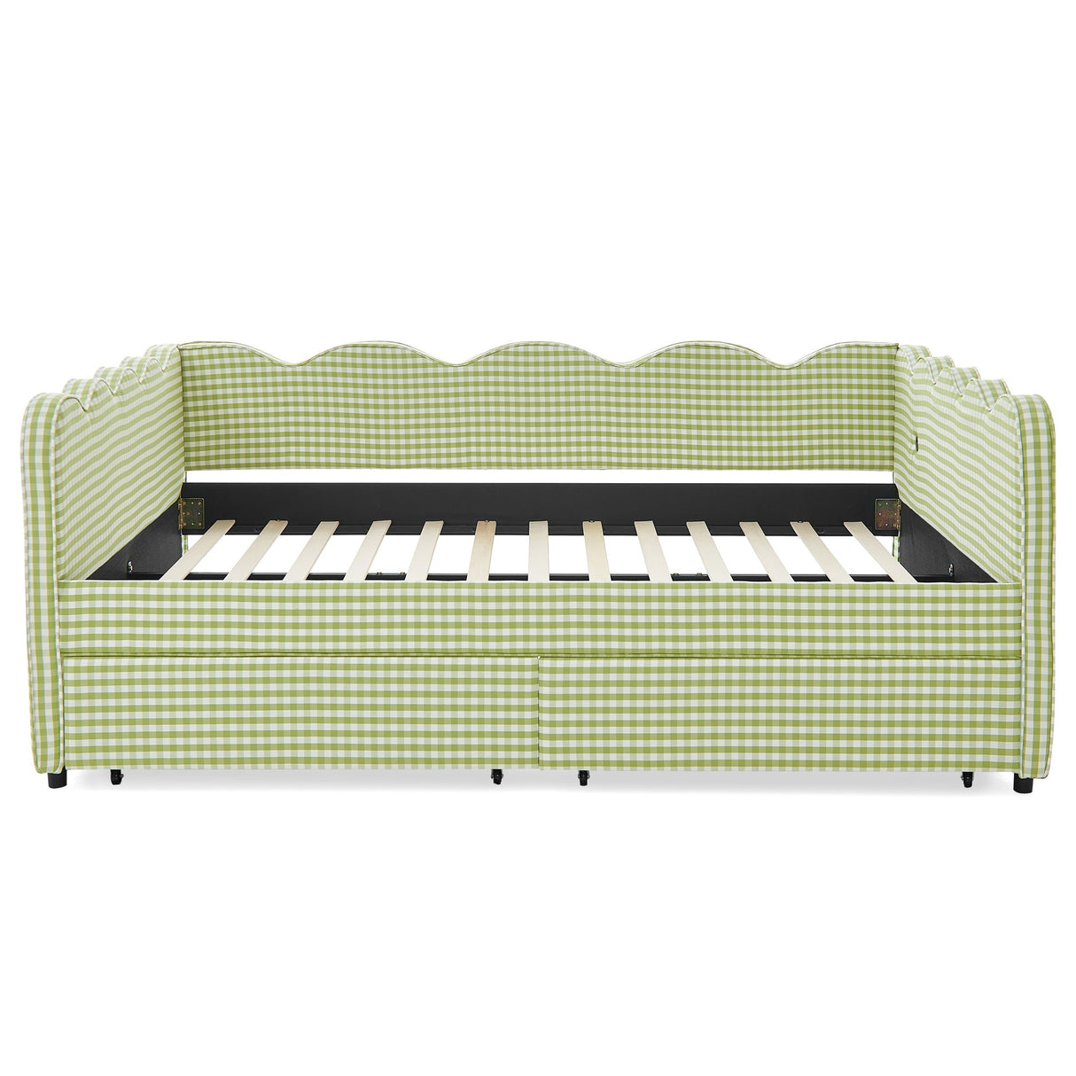 Queen Size Cozy Gingham Daybed with Two Storage Drawers, with USB Port and Adorable Wave Shaped, Linen Fabric