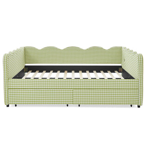 Queen Size Cozy Gingham Daybed with Two Storage Drawers, with USB Port and Adorable Wave Shaped, Linen Fabric