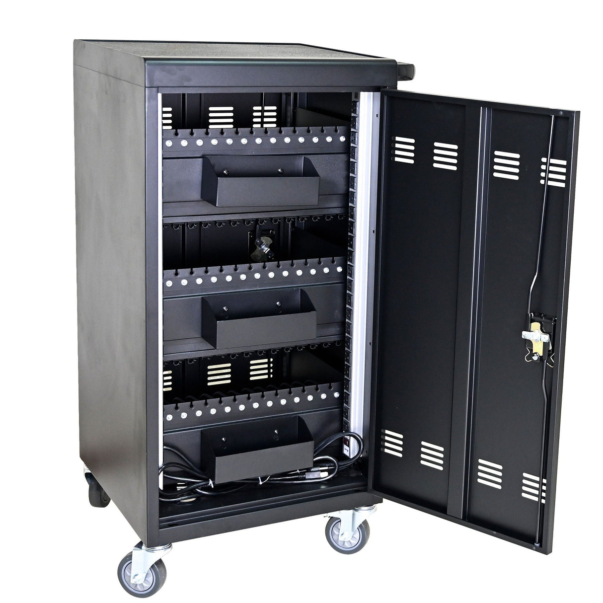 45 Bay Mobile School Charging Cart Station For Chromebook, Tablet And Laptop Computer With Power Strip Included - Black