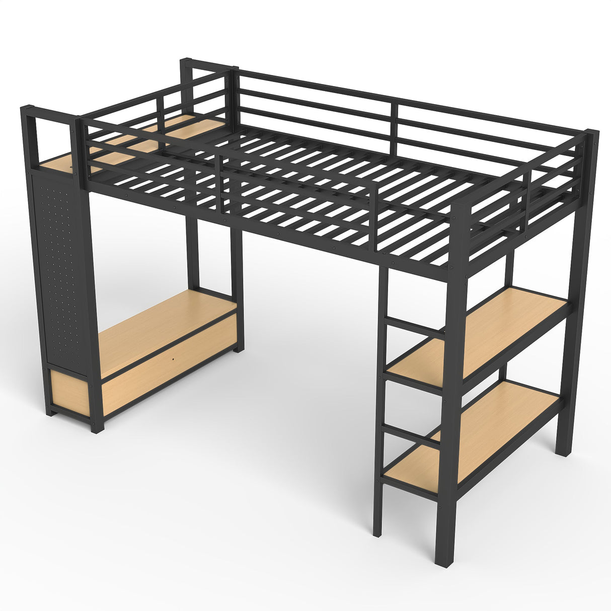 Twin XL Size Loft Bed Frame with Wardrobe and Shelves