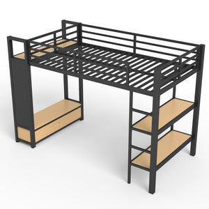 Twin XL Size Loft Bed Frame with Wardrobe and Shelves