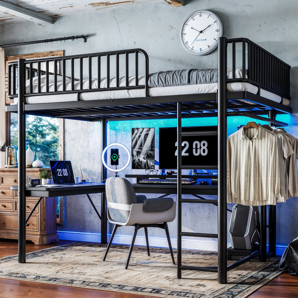 Queen Loft Bed with L-Shaped Desk
