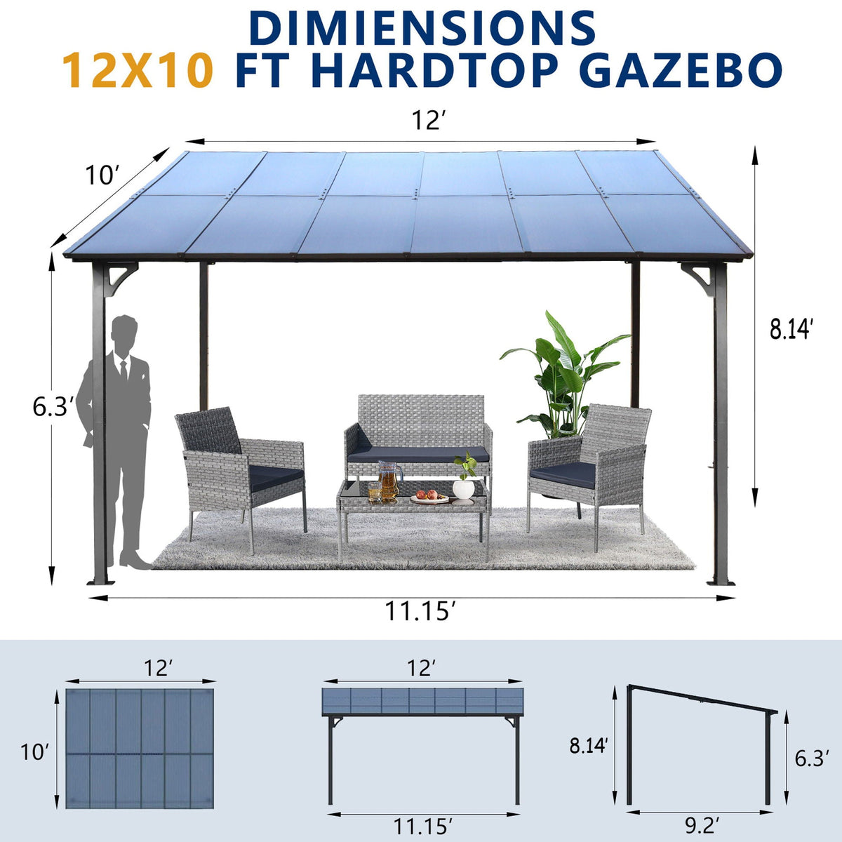 Wall Mounted Outdoor Pergola Gazebo with Heavy Duty Metal Awning and Roof