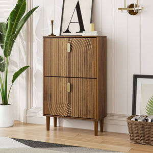 Modern Minimalist Shoe Storage Cabinet With 2 Flip Drawers And Metal Handles - Brown
