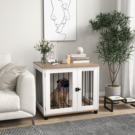 PawHut Dog Crate Furniture, Side Table Indoor Dog Kennel, End Table with Lockable Door for Small and Medium Dogs, Walnut Brown