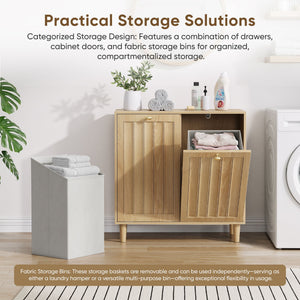 Sloping Laundry Basket With Removable Inner Bin, Concealed Storage Cabinet For Bathroom - Oak