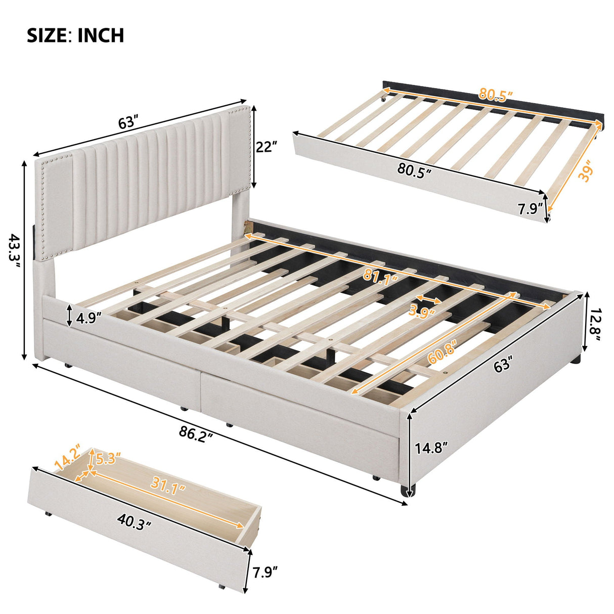 Upholstered Platform Bed With Drawers, Classic Headboard Design