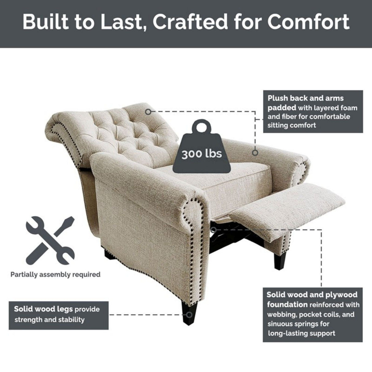 Aidan - Push Back Recliner Chair With Tufted Back And Nailhead Trim - Cream