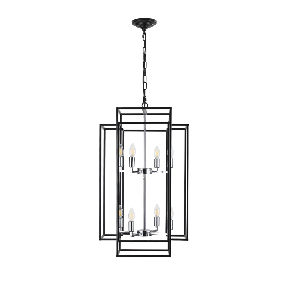 18' Modern 8-Light Black & Chrome Geometric Pendant Chandelier, Industrial Metal Frame, Adjustable Hanging Light for Living Room, Dining Room, Kitchen (No Bulbs)