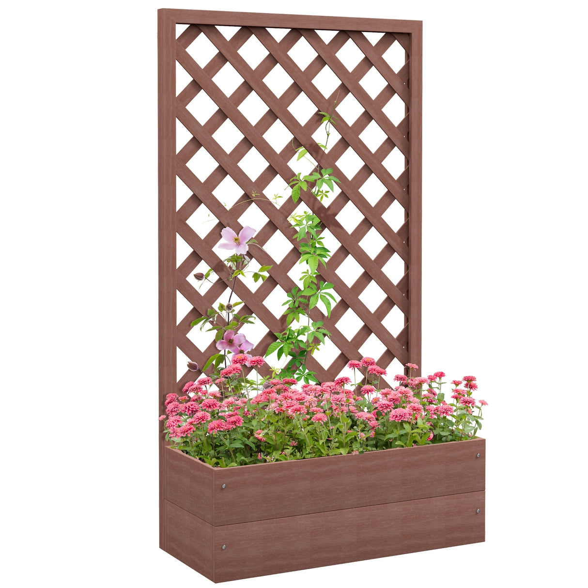 Raised garden bed with trellis lattice, wood planter box with self draining gap,  light brown