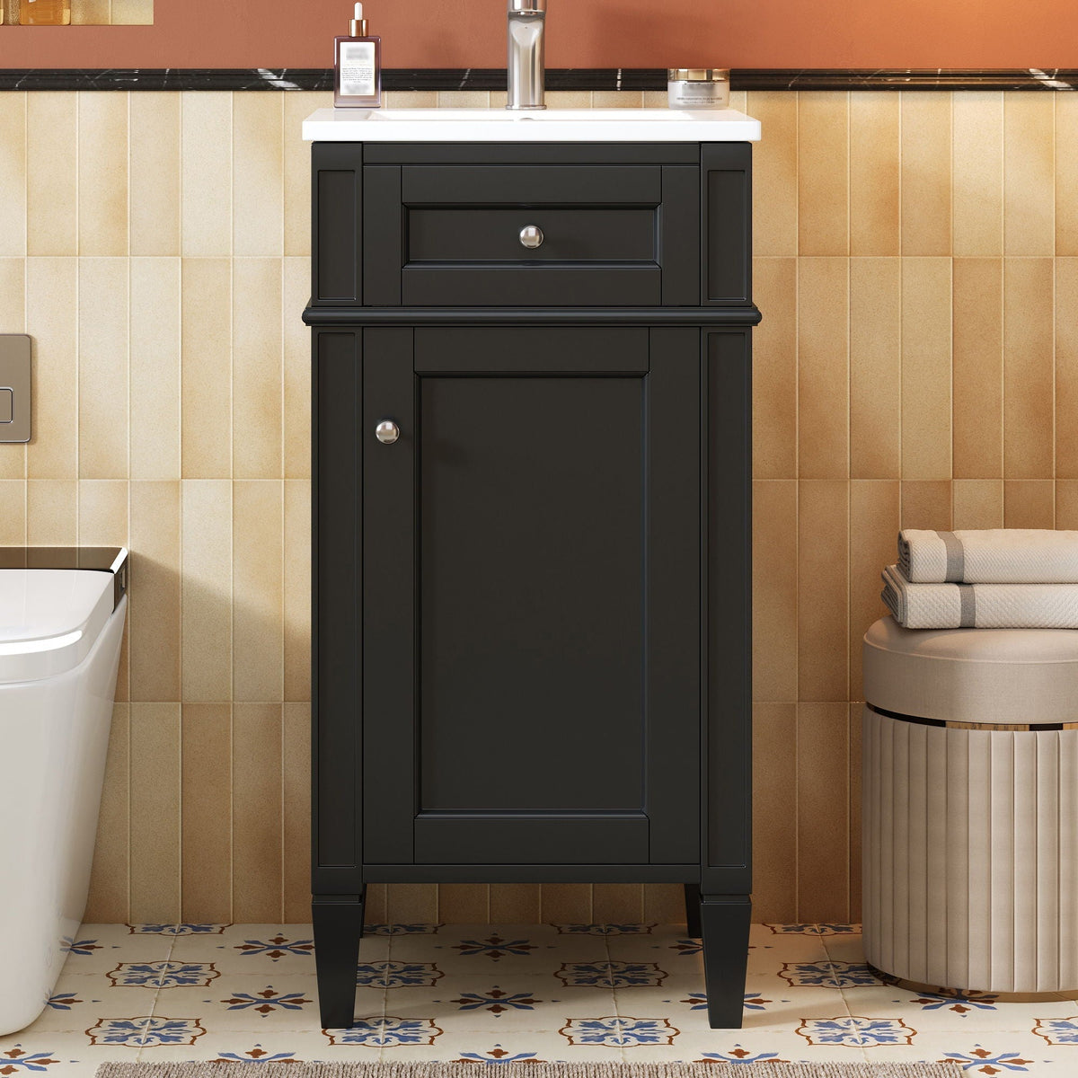 French Style Bathroom Vanity with Ceramic Sink and Soft-Close Doors - Black or White