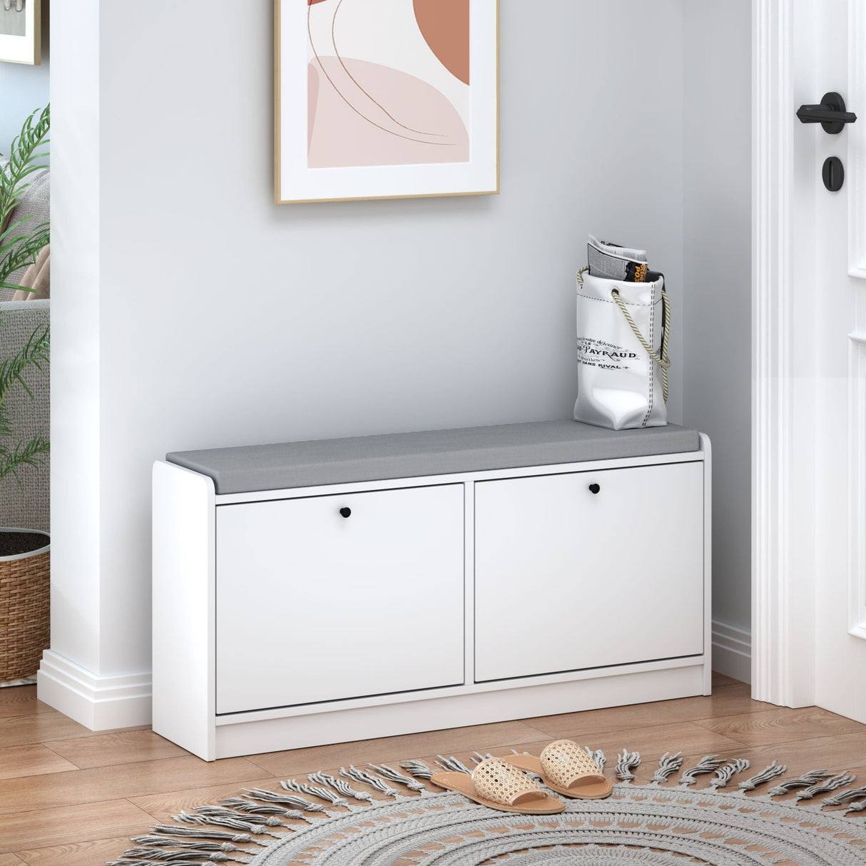 Shoe Storage Bench With Cushion, Entryway Organizer Cabinet For Hallway - White