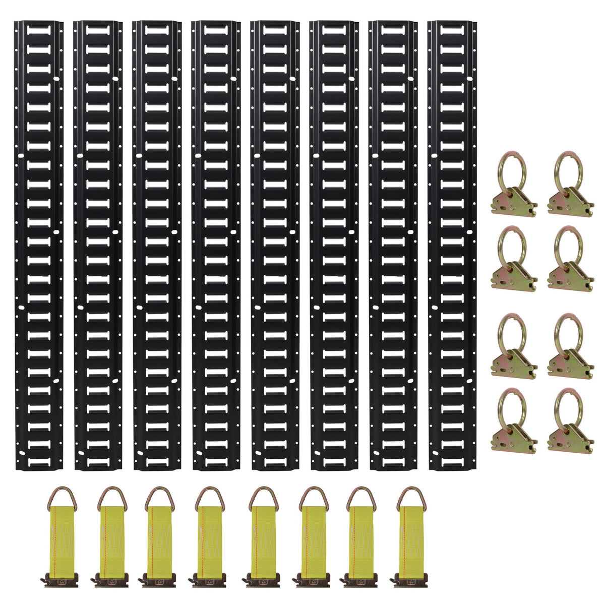 Heavy Duty E Track Tie-Down Rail Kit with Steel O-Ring Anchors - Black