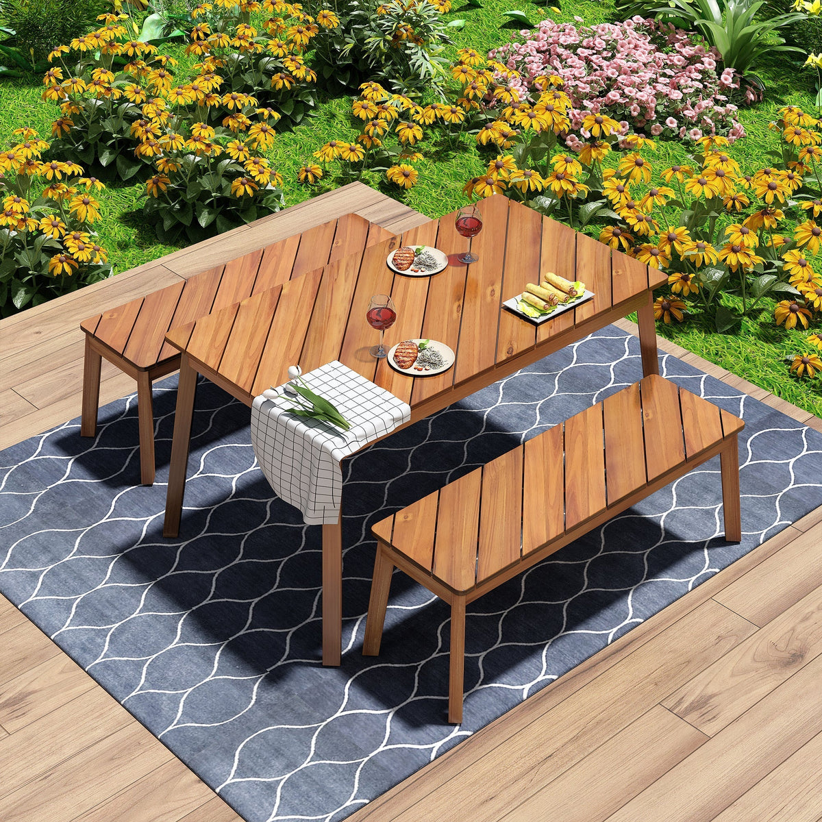 Acacia Wood 3-Piece Dining Set with Modern Grain - Natural Finish