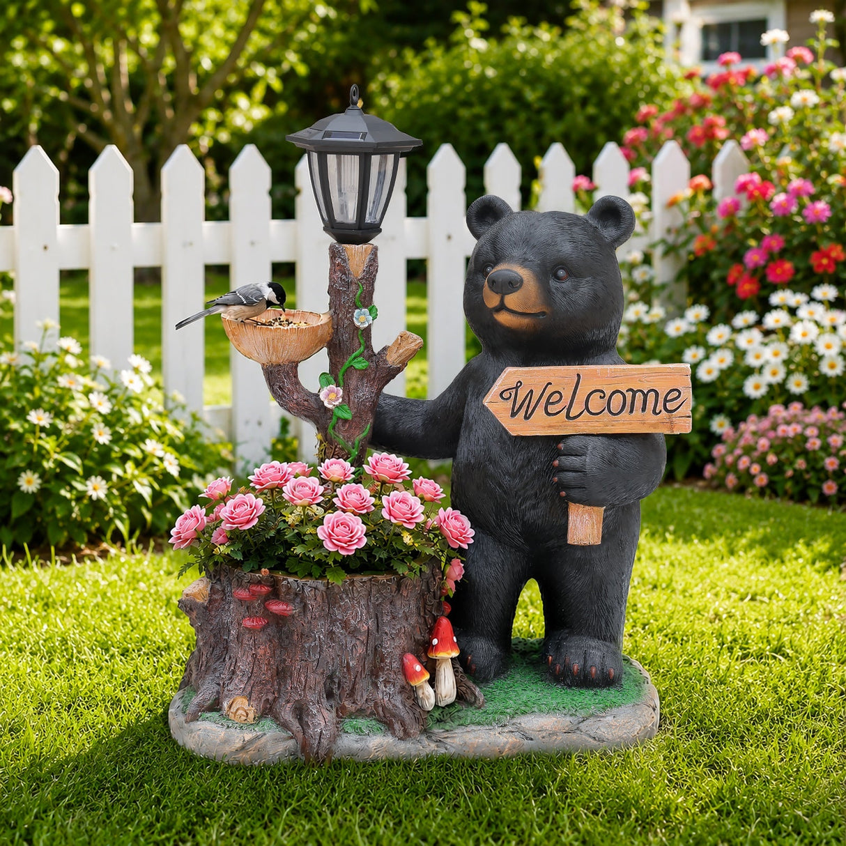 Decorative Standing Black Bear Garden Planter with Solar-Powered Lantern
