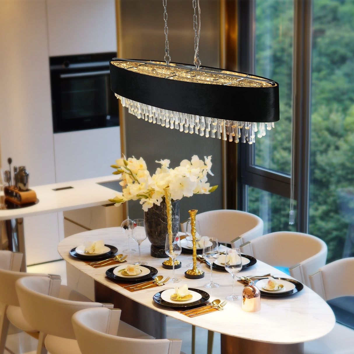 39' Modern Crystal Chandelier with Black Imitation Velvet Anti-Glare Shade, Adjustable Height, 8-Light G9 Base for Dining Room, Living Room, or Bedroom (Bulb Not Included)