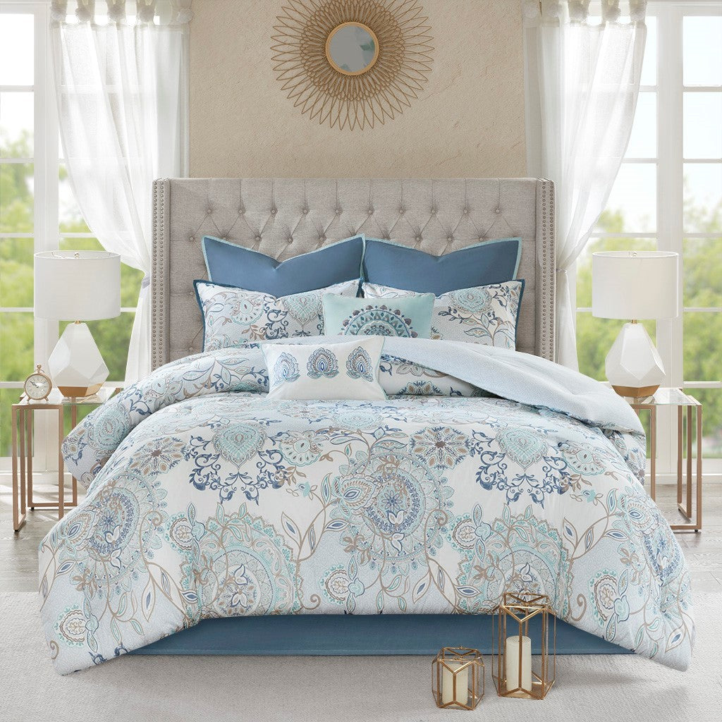 8 Piece Cotton Floral Printed Reversible Comforter Set Blue