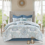 8 Piece Cotton Floral Printed Reversible Comforter Set Blue