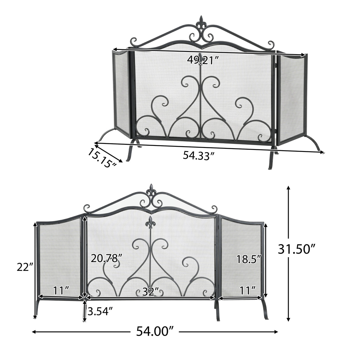 Onyx 3-Panel Iron Fireplace Screen 54" x 31.5"