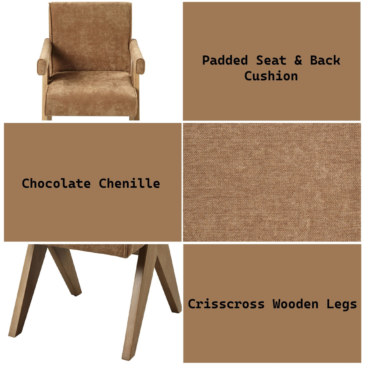 Zoey Arm Chair Set with Chenille Upholstery - Chocolate
