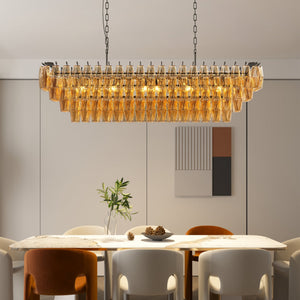 54' Black Rectangular Chandeliers for Dining Room, 12-Light 4 Tiered Large Smoke Glass Chandelier, Modern Kitchen Island Farmhouse Hanging Light Fixture for Living Room Foyer(Bulb not included)