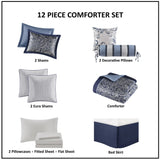 12 Piece Comforter Set with Cotton Bed Sheets Navy Queen