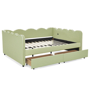 Queen Size Cozy Gingham Daybed with Two Storage Drawers, with USB Port and Adorable Wave Shaped, Linen Fabric