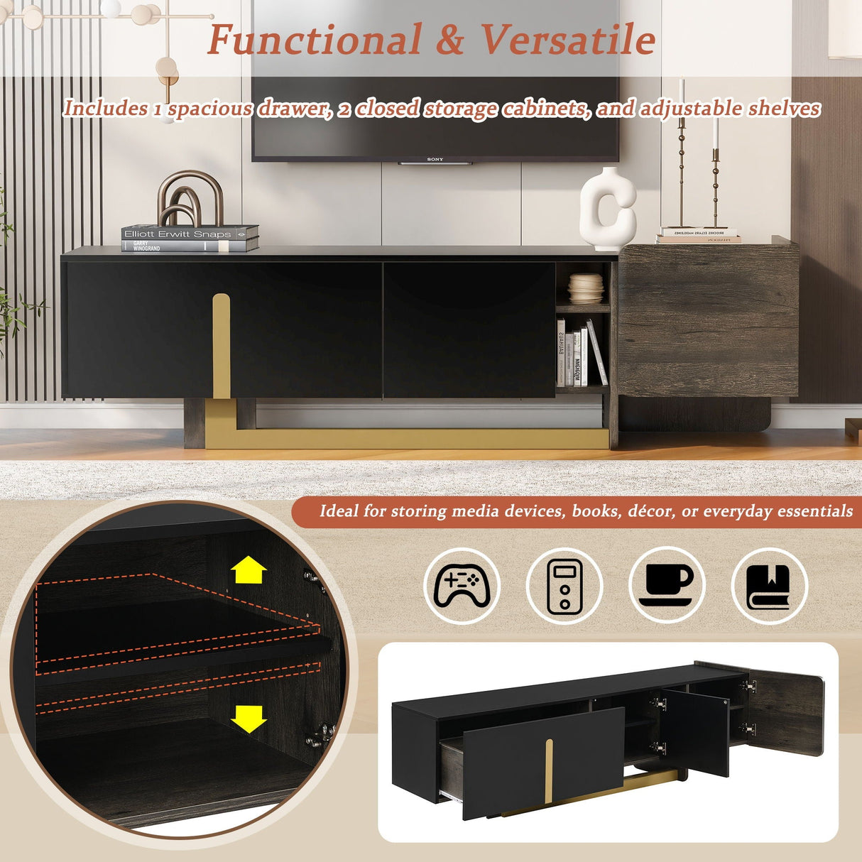 TV Stand With 1 Drawer, 2 Cabinets And Adjustable Shelves