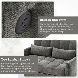 Loveseat Sofa Pull-Out Bed With Adjustable Backrest, 3 USB Ports And 2 Lumbar Pillows For Living Room