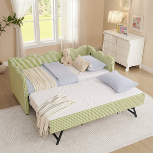 Cozy Gingham Daybed with Trundle Twin Size Sofa Bed