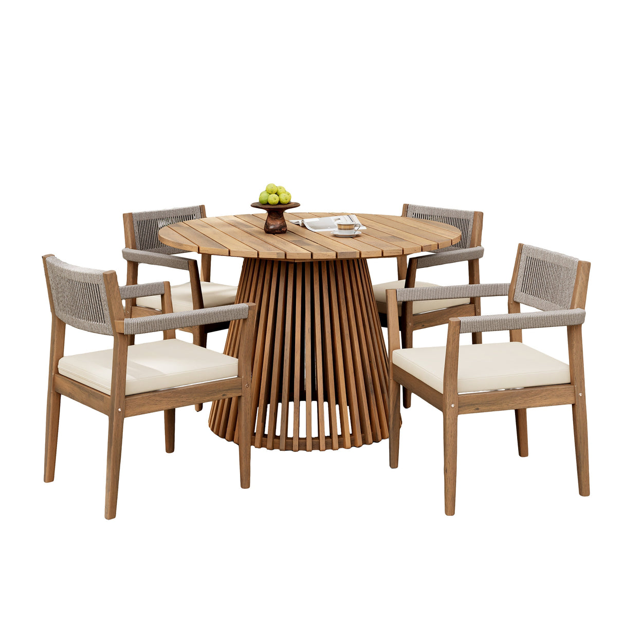 Patio Set Outdoor Acacia Wood Furniture Sets - Braided Dining Chairs and Patio Dining Table