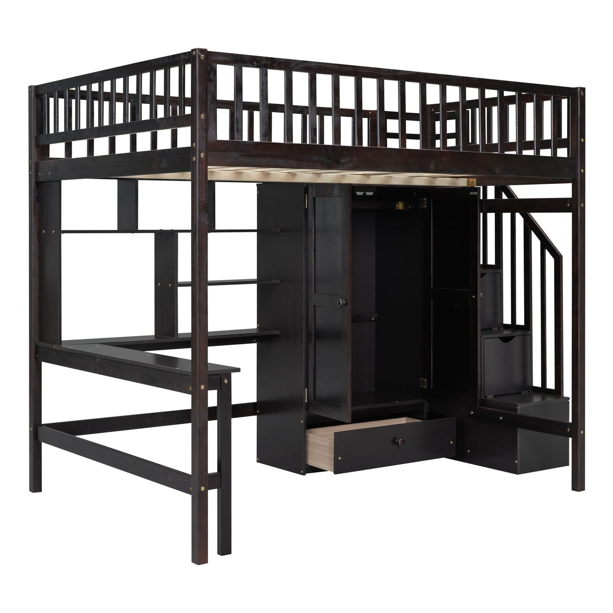 Loft Bed With Bookshelf, Drawers, Desk, And Wardrobe