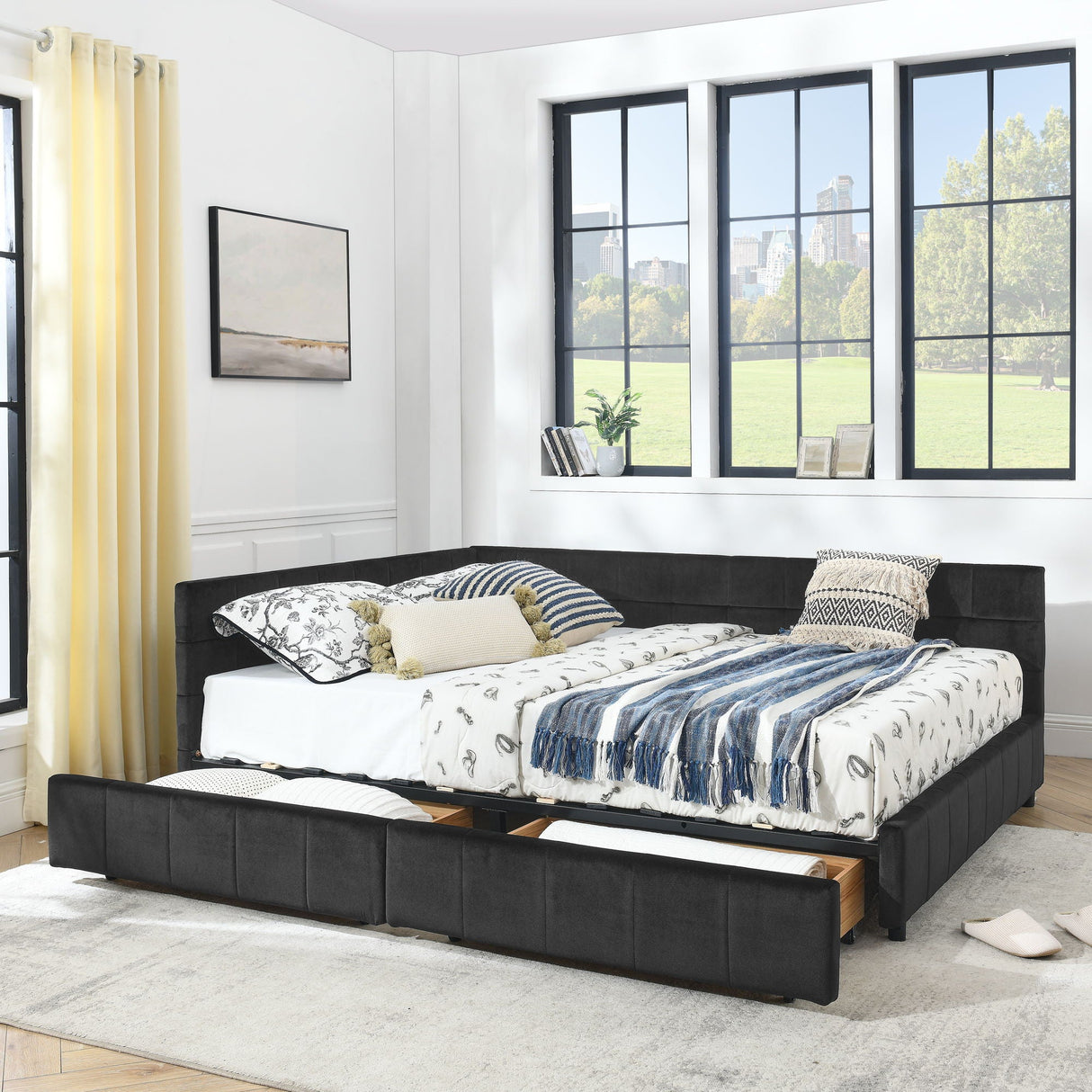 Mid-Century Storage Upholstered Tufted Bed Frame with Backrest and Armrests