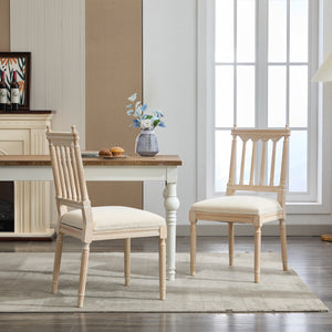 Antique Dining Chairs - Linen Fabric Upholstered Wooden Chairs Set of 2