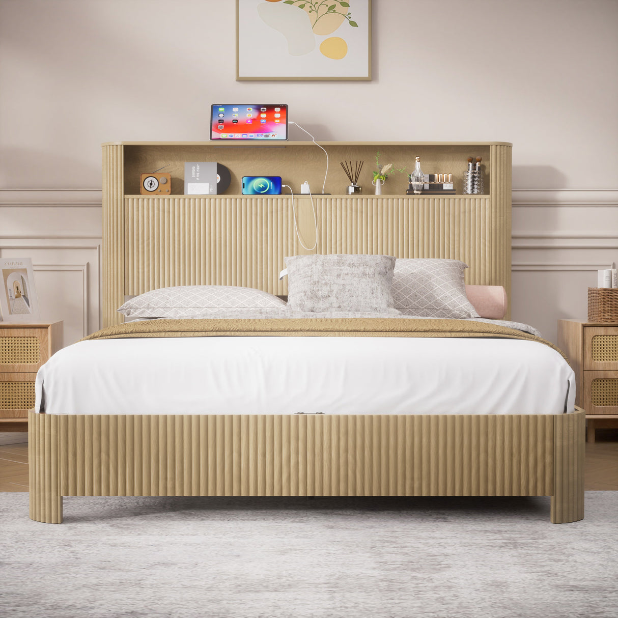 Queen Size Bed Frame With Storage Headboard