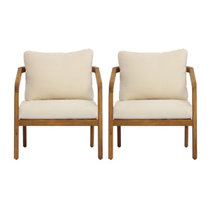 Acacia Wood Outdoor Patio Club Chair with PE Wicker Backrest & Cushions (Set of 2)