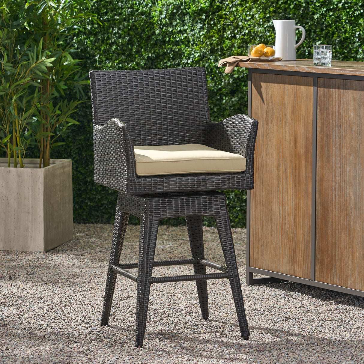 Outdoor Modern Rattan Swivel Barstool With Tapered Legs - Beige / Multibrown