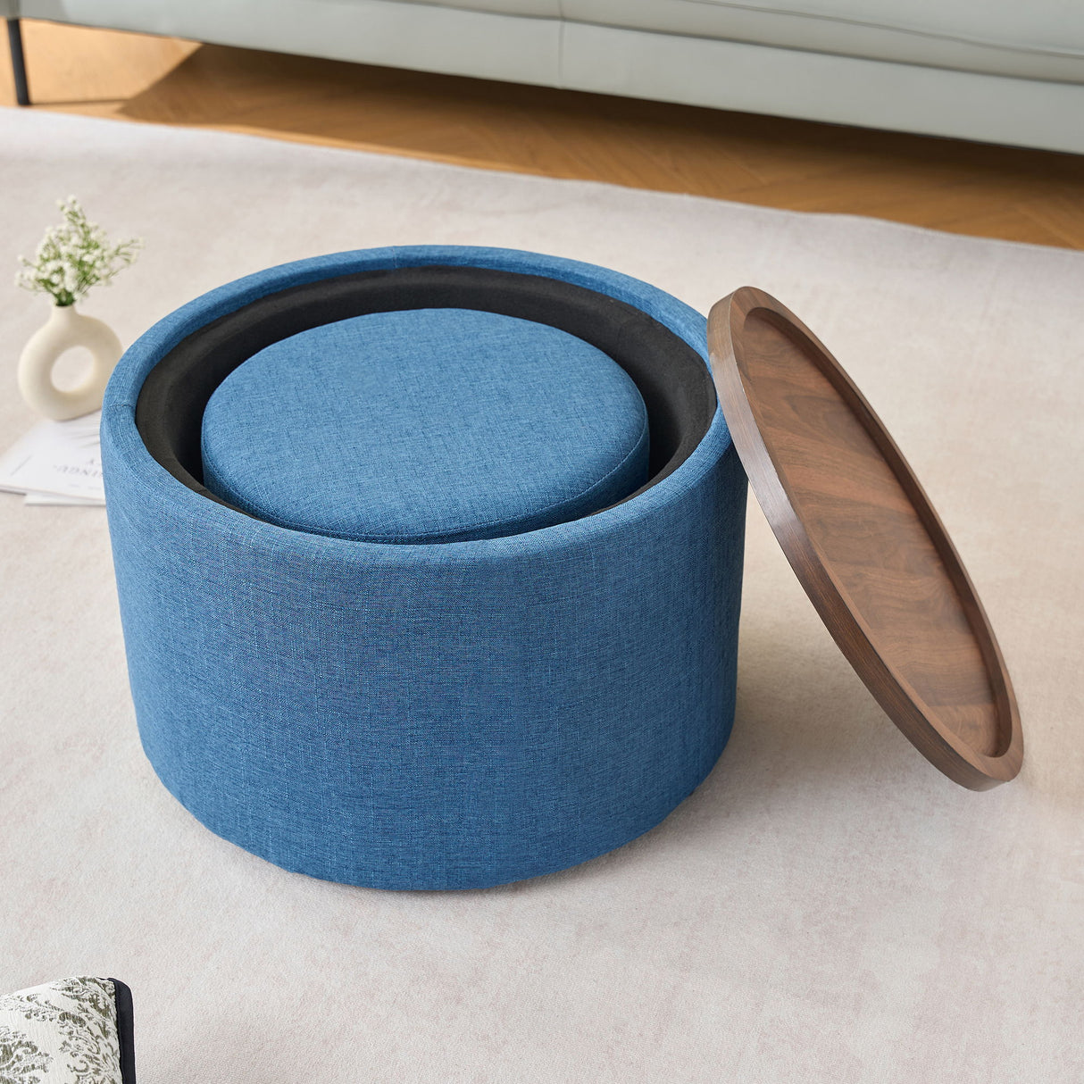 Nesting Ottomans, Round Coffee Table & Bench With Tray (Set of 2)