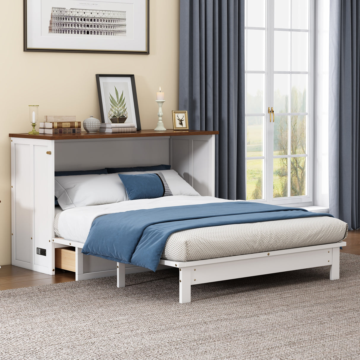 Solid Pine Murphy Bed Chest with Charging Station and Large Storage Drawer for Home Office or Small Room , Full, White+Walnut