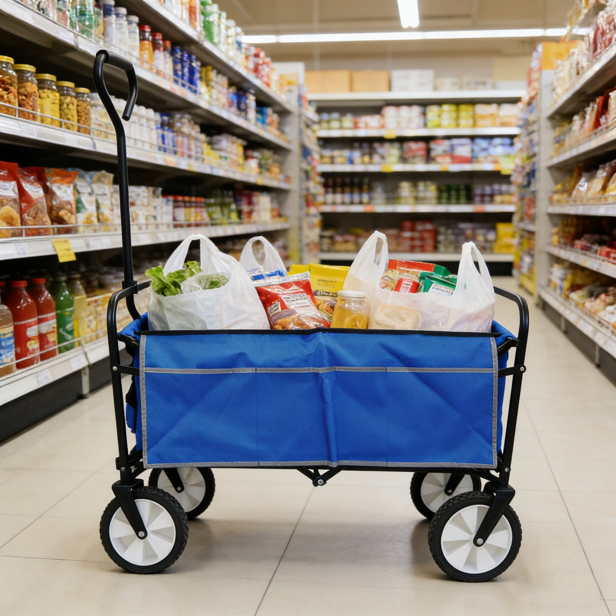 Folding Wagon Garden Shopping Beach Cart (Blue)