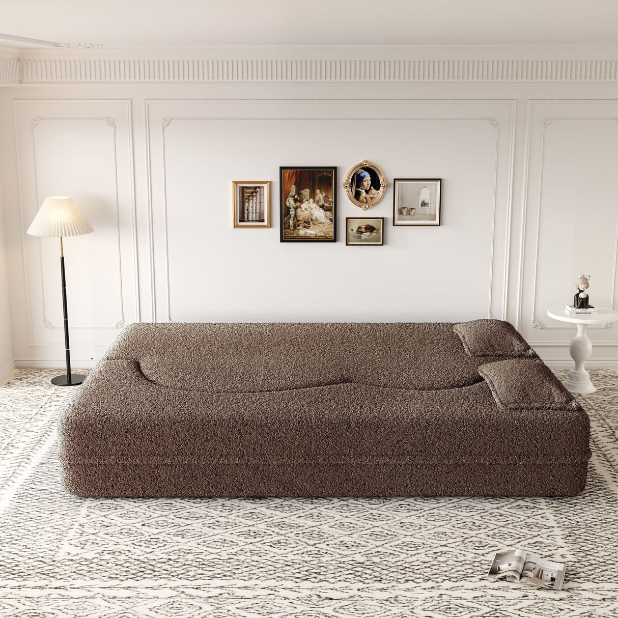 Modern Floor Sofa, With 2 Pillows, Convertible Teddy Fabric Foam Filled Bed